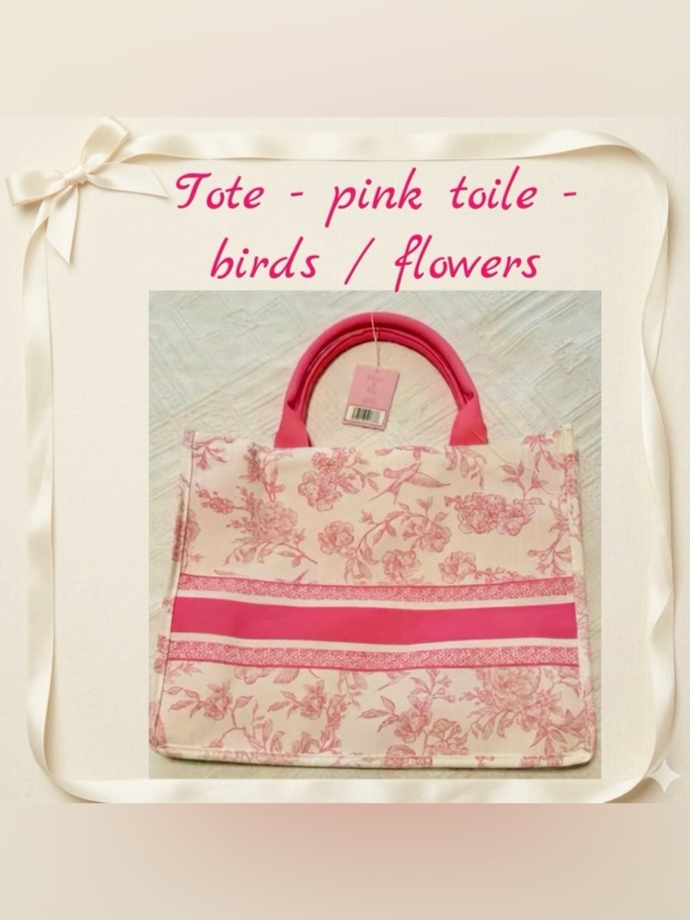 Tote bag - Fleur & Fig - pink & white flowers birds. New! Perfect 16W × 13.5H
